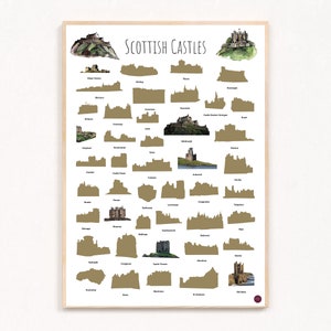 Châteaux d'Écosse - affiche à gratter, château d'Édimbourg, château de Stirling, château de Dunnottar, château d'Eilean Donan