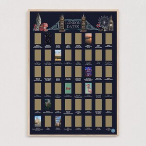 May include: A framed poster with a dark blue background and gold scratch-off squares. The top of the poster features illustrations of London landmarks and the words "London Dates". Each square has a different activity listed below it.