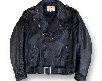 Vintage 90er Jahre Doppelkragen Custom Brand Auto Racing Große Punk Style Echtleder Motorrad Biker Rocker Jacke Herren Oberbekleidung Größe L