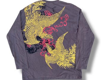 Vintage 90s Bullet Noise Gold Sukajan Cockfighting Full Print Back Hit Shirt Japan Traditional Art Japanese Brand Size XL