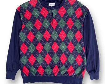 Vintage 90s Burberrys Argyle Henley Sweatshirt Red Navy Green Knit Patterned Pullover Embroidered Logo Made in Japan Size M