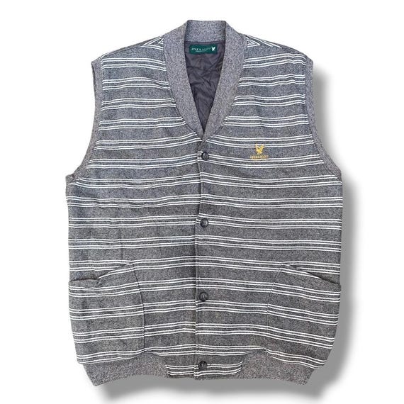 Lyle & Scott, Vintage 90s Lyle & Scott Striped Knitted Vest Button Down Double Pocket Iconic Golden Eagle Logo Embroidered Size L
