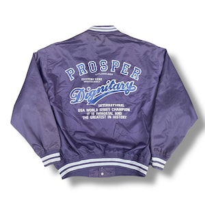 Vintage 90s Varsity Jacket Prosper Dignitary International USA World Series Championship Bomber Jacket Embroidered Spell Out Snap Button