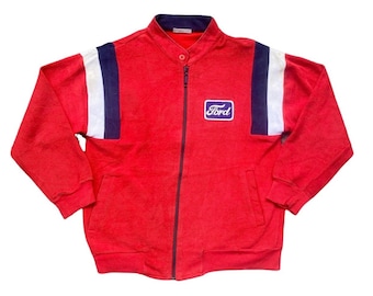 Vintage 90s Ford Embroidery Logo Fleece Jacket Racing Motorsport Full Zipper Light Jacket Outerwear American Automobile Size M