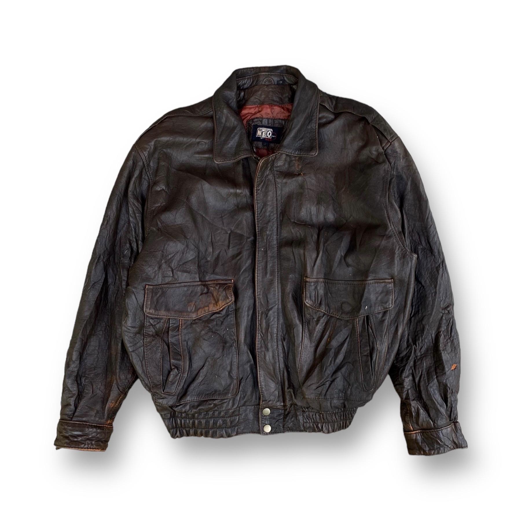 Vintage 90s Neo Tokyo Blood Leather Bomber Jacket Genuine Leather Biker Motorcycle Military Style Full Zip Multipocket Size L