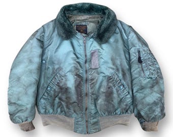 Fire! Vintage 90s B-15D US Air Force Alpha Industries Bomber Trashed Distressed Jacket Military Outright Size L Made in USA US Army Green