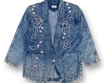 Vintage 90s Monariza Denim Floral Embroidered Chore Jacket Large Casual Wear Double Pocket Japanese Brand Size L