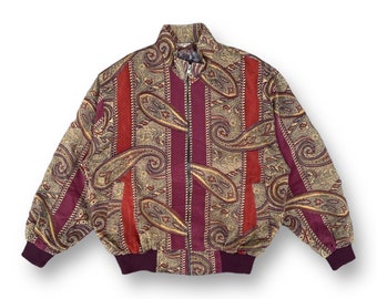 Vintage 90er Paisley Bandana Bomberjacke Großer Reißverschluss Doppeltasche All Over Print Lässige Streetwear Mode Outfits Größe L
