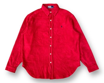 Vintage Polo Ralph Lauren Red Fleece Shirt Button Down Small Pony Embroidery Logo Casual Outfits Fashion Style Made in Japan Size L