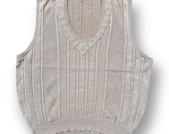 Vintage Yves Saint Laurent Cable Knit Sweater Vest Beige V-Neck 100% Cotton Fukusuke Licensed YSL Sleeveless Pullover