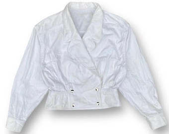 Vintage Courreges Paris Double Breasted White Cotton Jacket Retro 80s 90s Cropped Bomber Jacket French Designer Outerwear