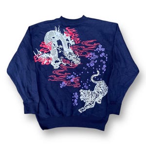 Vintage 90s Sukajan Sweatshirt Dragon Tiger Art Japan Traditional Style Yakuza Full Print Size L