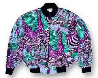 Vintage Baroque Wild Animal Italy Designer Bomber Jacket Large Colourful Full Over Print Bomber Animal Habitat Jacket Size L