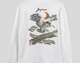 Vintage Japanese Owl Art Long Sleeve T-Shirt Japanese Traditional Style Graphic Tee White Full Back Print Size M