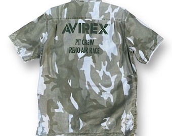Vintage Camo Avirex USA Pit Crew Reno Air Rasse Kragenhemd Medium Militär Armee Made in USA Button Up Multipocket Casual Style Größe M