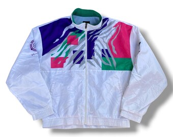 Vintage 90s Asics Abstract Graphic Windbreaker Jacket Retro Japanese Streetwear Track Jacket Size XL