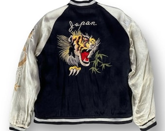 Vintage 90s Embroidery Dragon Tiger Sukajan Reversible Jacket Japanese Classic Script Embroidered Casual Jacket Original Silk Sukajan Size L