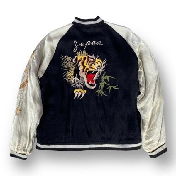 Vintage Embroidery Dragon Tiger Sukajan Reversible Jacket Japanese Classic Script Embroidered Casual Jacket Original Silk Sukajan