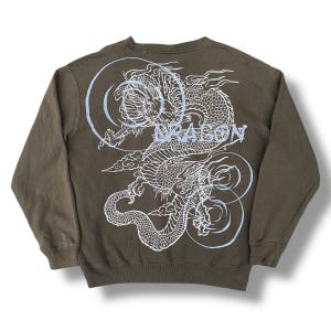 Vintage Dragon Abstract Graphic Sweatshirt Full Print Tribal Sukajan Style Yakuza Japan Souvenir Traditional Art Japanese Brand Size XL