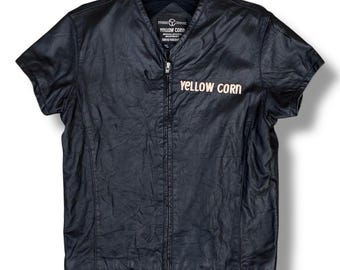 Vintage Yellow Corn Genuine Leather Short Sleeve Biker Vest Outerwear Jacket Tokyo Yokohama Motor Sports Equipment Lizard Patch Size L