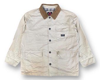 Vintage 90s Lucky Strike Originals Workwear Detroit Jacket Multipocket Chore Hunting  Jacket Canvas Cream Corduroy Collar Button Down Size L
