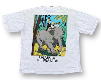 Maglietta vintage anni '90 "Le avventure di Tin Tin Sigari del Faraone", grande stampa sul retro della serie di fumetti dei cartoni animati di Studio Aventures, taglia L.