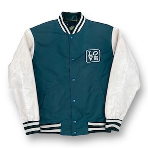 Vintage 90s Beaut Green Varsity Bomber Jacket Emboroidery Logo Snap Button Made in Japan Size M