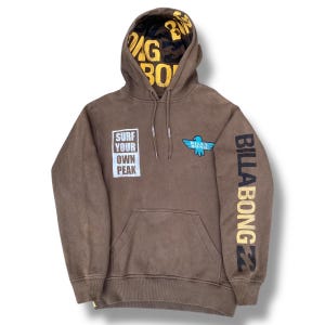 Dope! Vintage Y2K Billabong Hoodies Sweatshirt Pull Over Surf Your Own Peak Big Spell Out Logo Surfwear 2000’s Size M