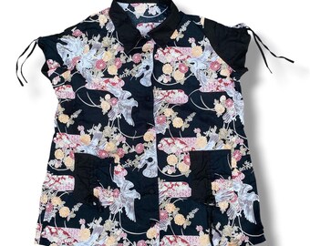Vintage 2000s Japanese Kimono Aloha Shirt Traditional Motif Japanese Arts Prints of Eagles and Flowers Overprint Button Up Size L
