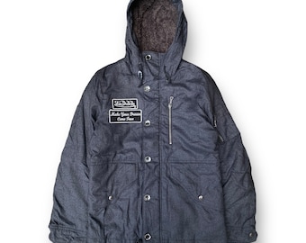 Chaqueta con capucha vintage de los años 90 de Von Dutch con cremallera grande y parches bordados, marca multinacional estadounidense de moda, ropa de calle, talla L