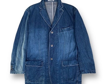 Vintage 90s Jeaning Garage Blue Denim Chore Jacket Indigo Double Extra Large Button Up Workwear Japanese Brand Style Fashion Outfit Size XXL