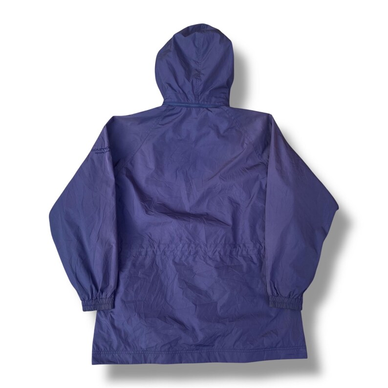 May include: A navy blue hooded jacket with a drawstring waist and elastic cuffs. The jacket has a full zipper and a hood. The jacket is made of a lightweight, water-resistant material.