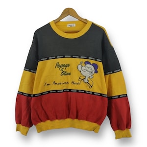 Felpa vintage anni '90 Popeye & Olive invecchiata, extra large, pullover color block American Hero Fiction Cartoon, realizzata in Giappone, taglia XL