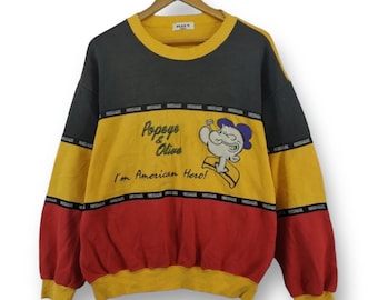 Vintage 90s Popeye & Olive Sweatshirt Distressed Style American Hero Fiction Cartoon Colourblock Pullover Made in Japan Size XL