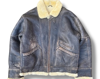 Vintage 80s D-1 Flight Jacket Shearling Leather Jacket Army Air Force Military Style Outerwear Made in Turkey Size L