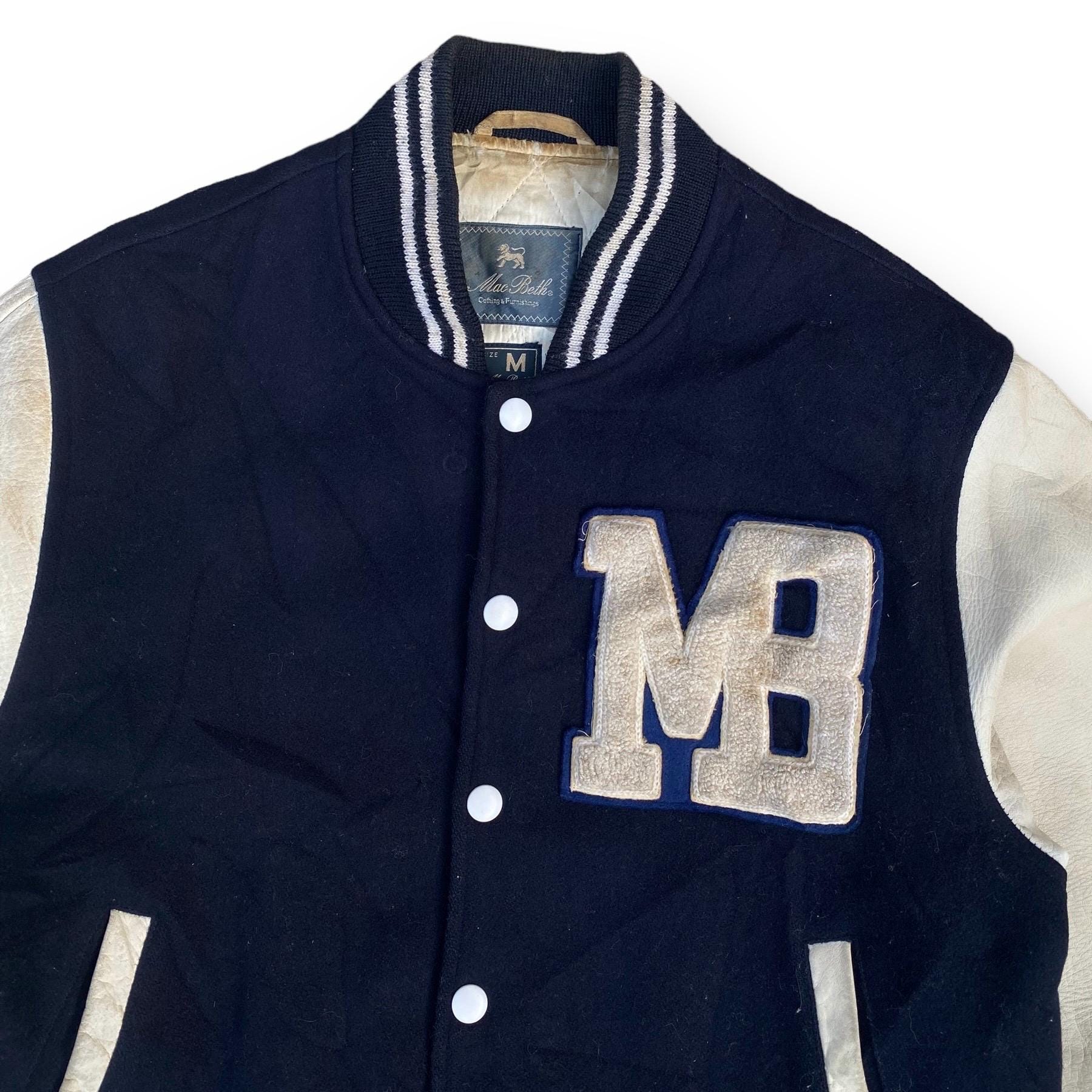 Vintage 90s Mac Beth Varsity Jacket Medium Wool Leather Sleeve Big