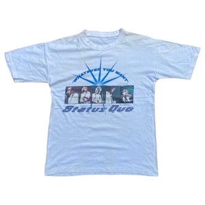 Maglietta vintage anni &#39;90 Status Quo Band, taglia M, &quot;Whatever You Want&quot; World Tour 1997-1998, gruppo rock britannico