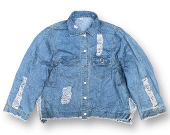 Chaqueta vaquera vintage desgastada estilo años 20, con botones, múltiples bolsillos, estilo rockero, motero, talla L.