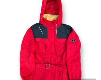 Macacão vintage Moncler France dos anos 90 com zíper, estilo Asics, para esqui, com capuz, fabricado no Japão, tamanho P.