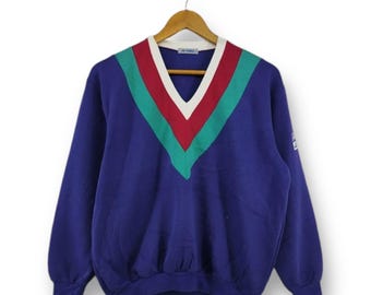Vintage 90s Yonex Sweatshirt Medium V Neck Multicolour Embroidery Logo Pullover Made in Japan World Leader Brand Badminton Tennis Size M