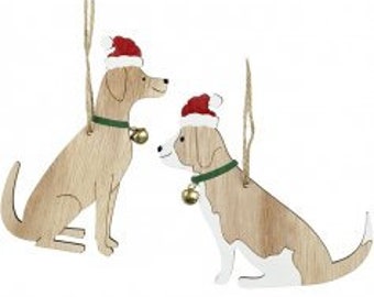 Set Of 2 Hanging Wooden Dog Christmas Decoration 18cm