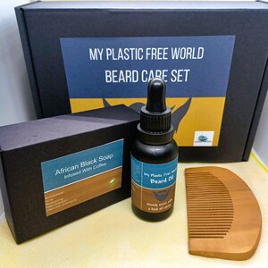Men&#39;s beard grooming kit | Beard Oil | Wooden Beard Comb | African Black Soap Infused With Coffee