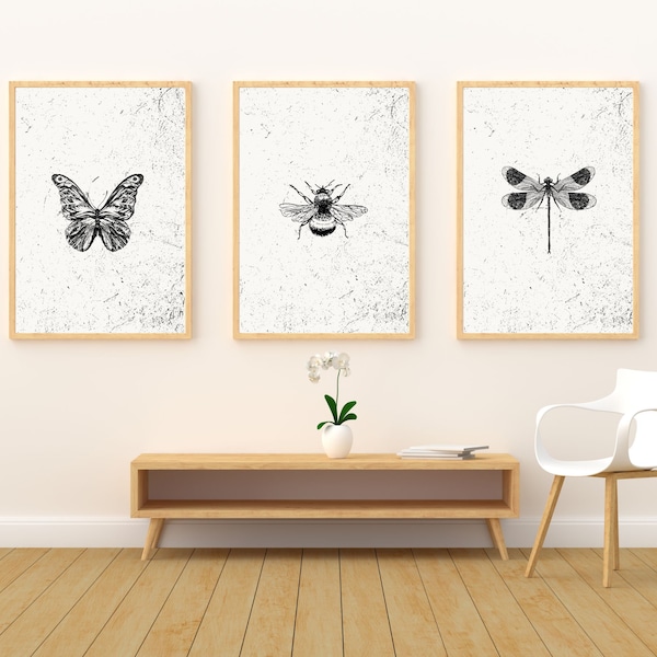 3 piece wall art, bee art set, Butterfly artwork, Dragonfly wall art, Home decor, housewarming gift, Minimalist wall art, Insect wall art