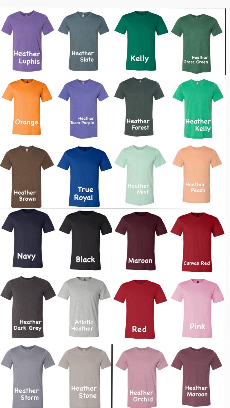 K&ouml;nnte beinhalten: Eine Sammlung von einundzwanzig einfarbigen T-Shirts in verschiedenen Farbt&ouml;nen, darunter Lila, Gr&uuml;n, Orange, Blau, Braun, Schwarz, Rot und Rosa. Jedes Shirt hat einen Rundhalsausschnitt und kurze &Auml;rmel. Die Farbbezeichnungen sind in wei&szlig;em Text dargestellt.