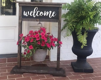 Welcome or Personalized Wood Plant or Wreath Hanger Stand Sign for porch or entryway