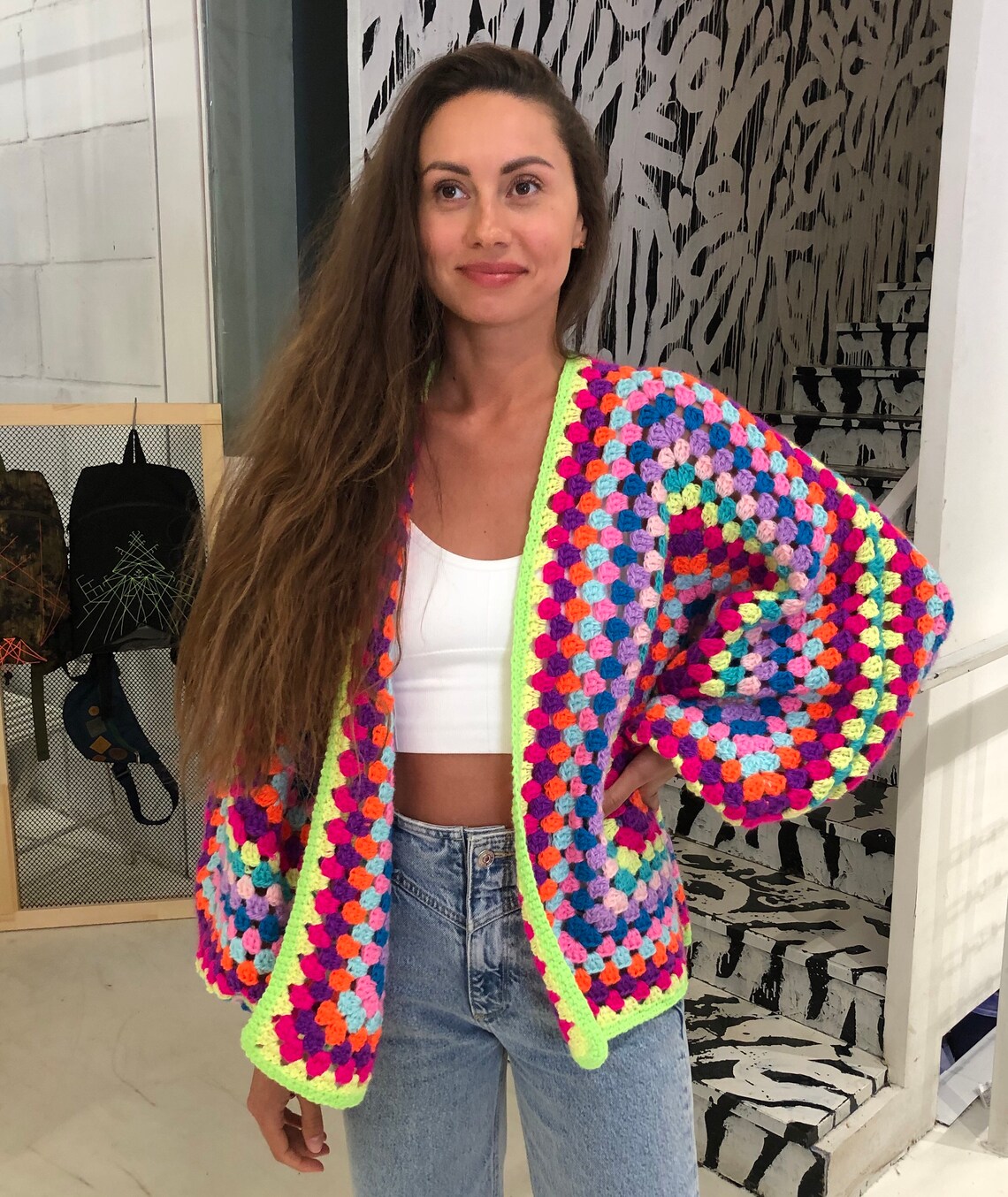 Handmade crochet jacket women Oversized rainbow sweater Warm Etsy