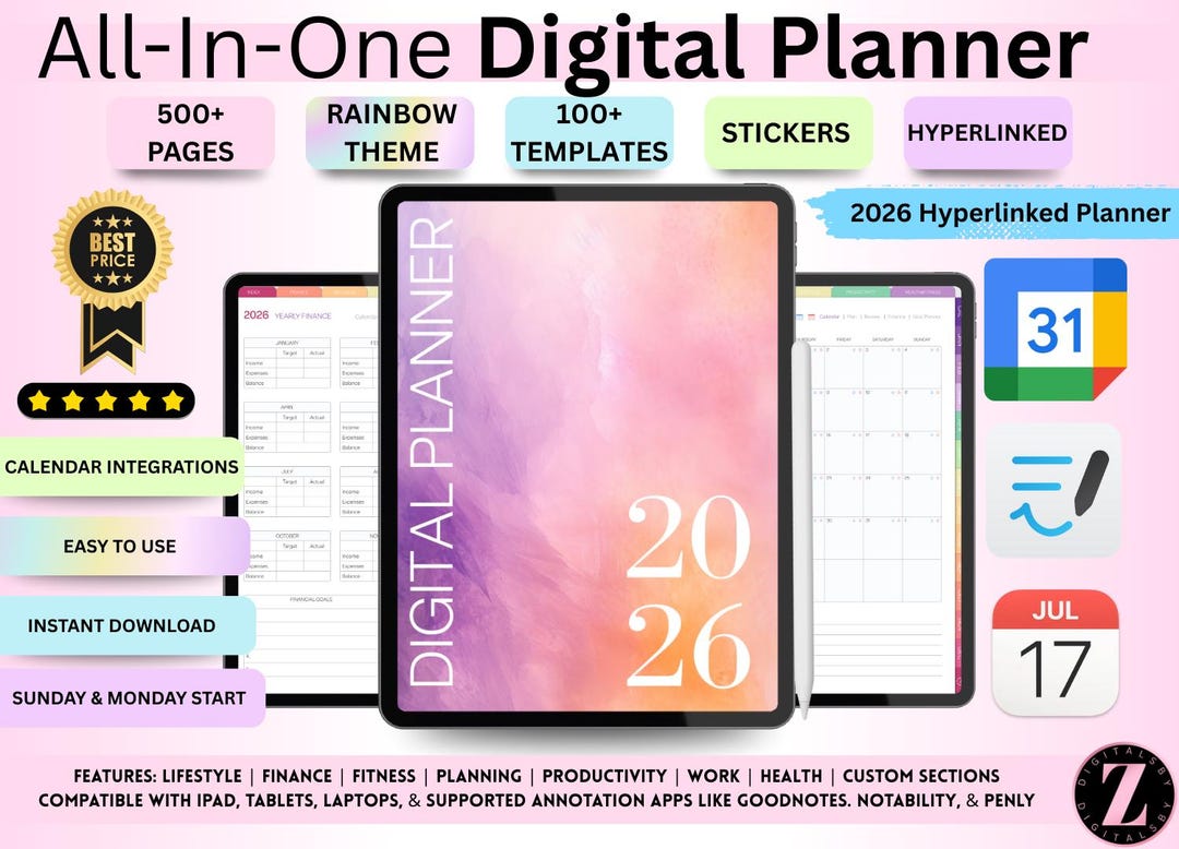 All In One Hyperlinked Planner Reference: 2026 Digital Planner All In One Digital Planner 500 Pages