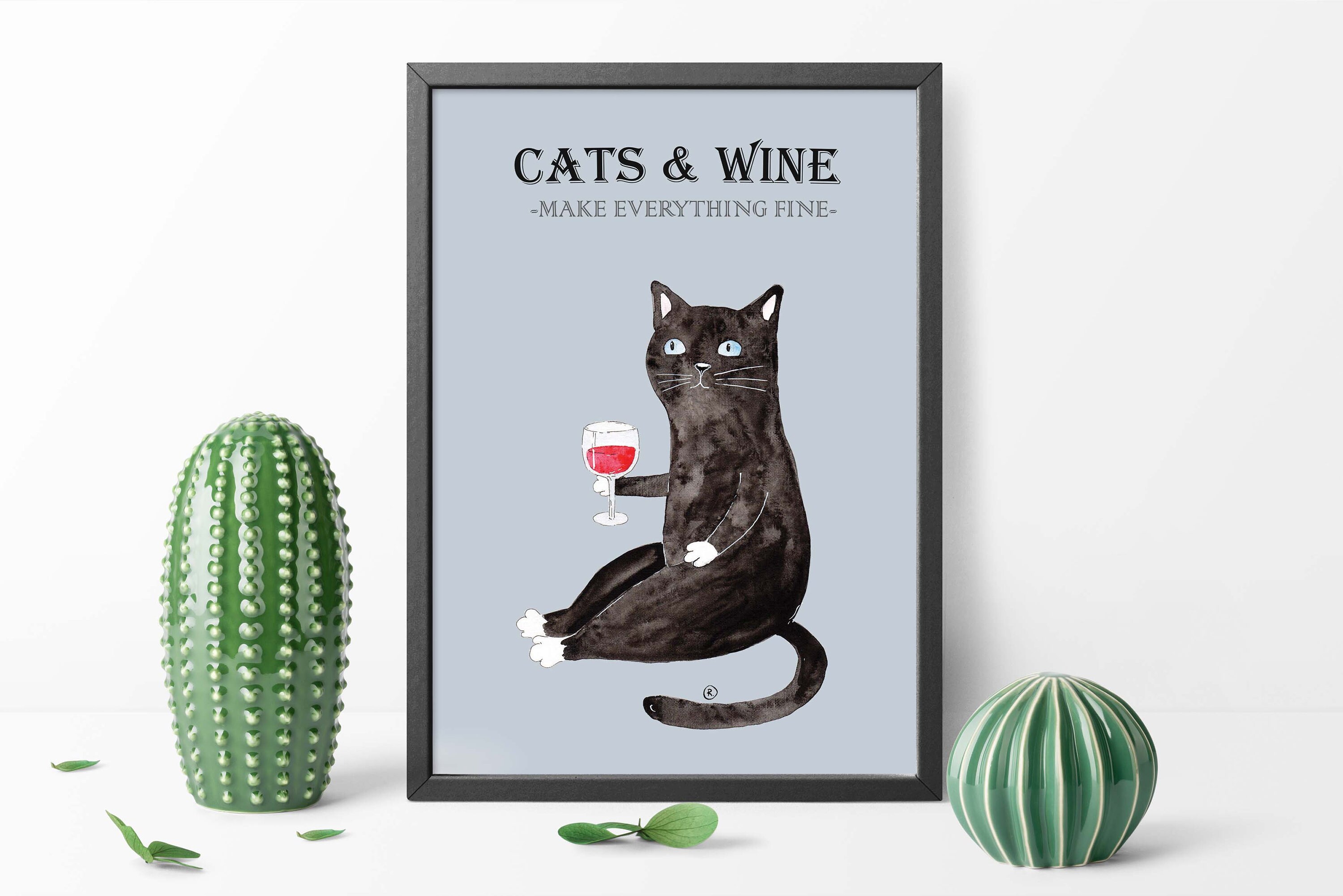 Cat And Wine Poster Digital Download Black Cat Drinking Etsy