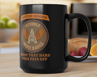 Asshole Merit Badge Black Mug, 15oz
