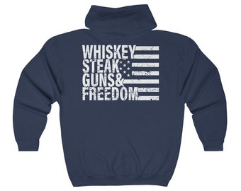 Whiskey Steak & Guns Patriotic Unisex Heavy Blend Full Zip Hooded Sweatshirt
